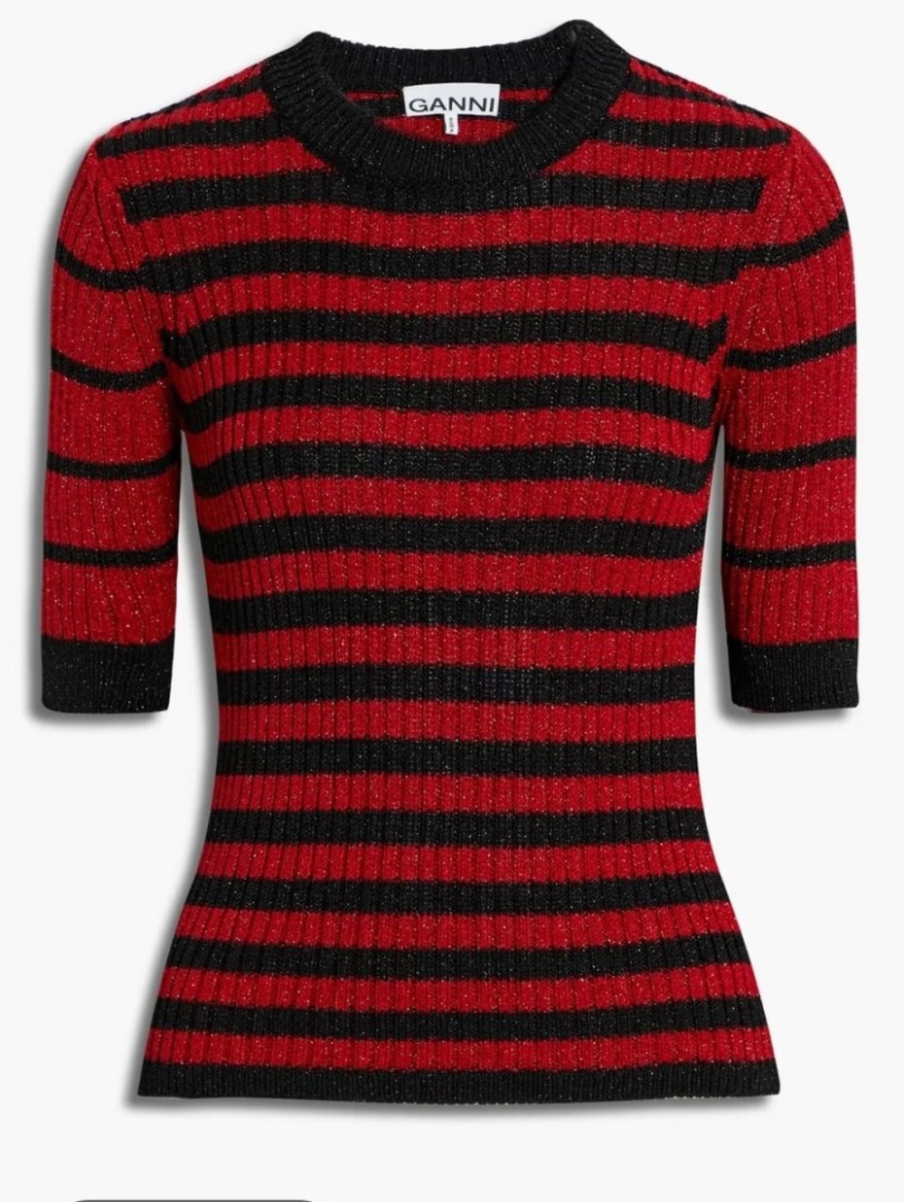 NWT$205 GANNI Red Black Ribbed Striped Metallic Knit Top Sweater Sz Small
